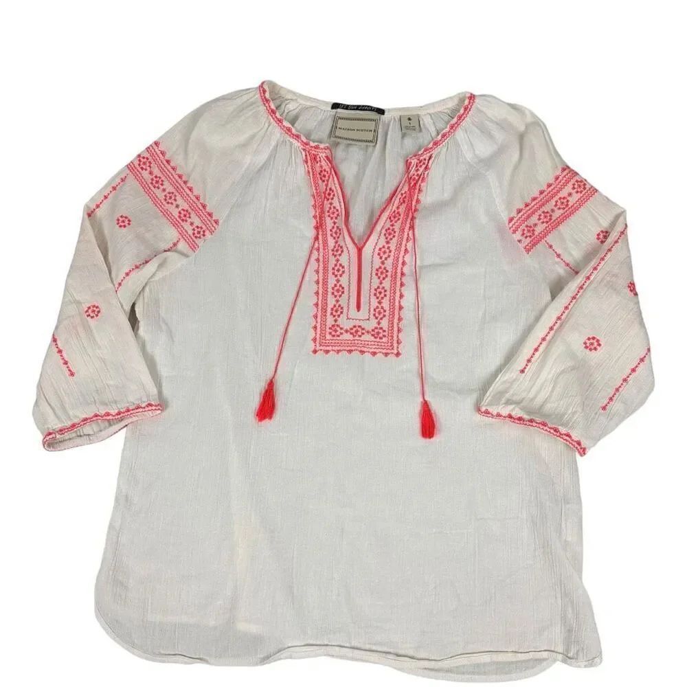 MAISON SCOTCH Size 1 Blouse White Embroidered Cotton Top 3/4 Sleeve